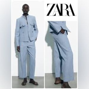 NWT Zara Blue Linen Cotton Straight Leg Pants | High Waist | Size S